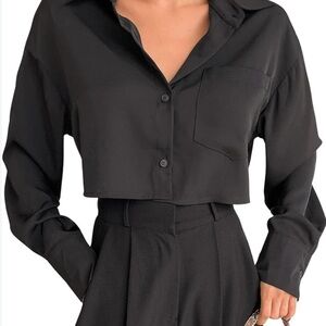 White Fox Black Cropped Button Down